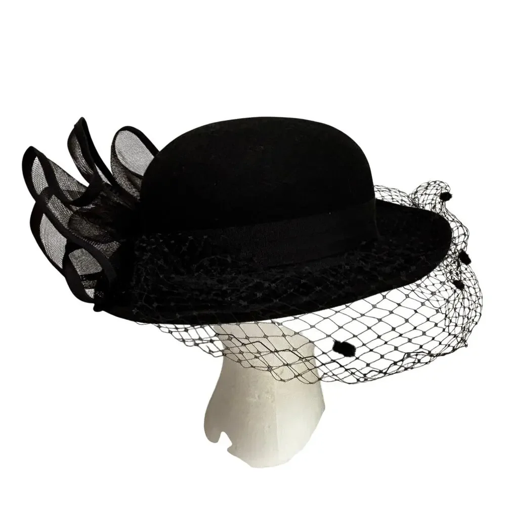 Dressy black felted wool hat large netting bowl & mesh fascinator made in USA